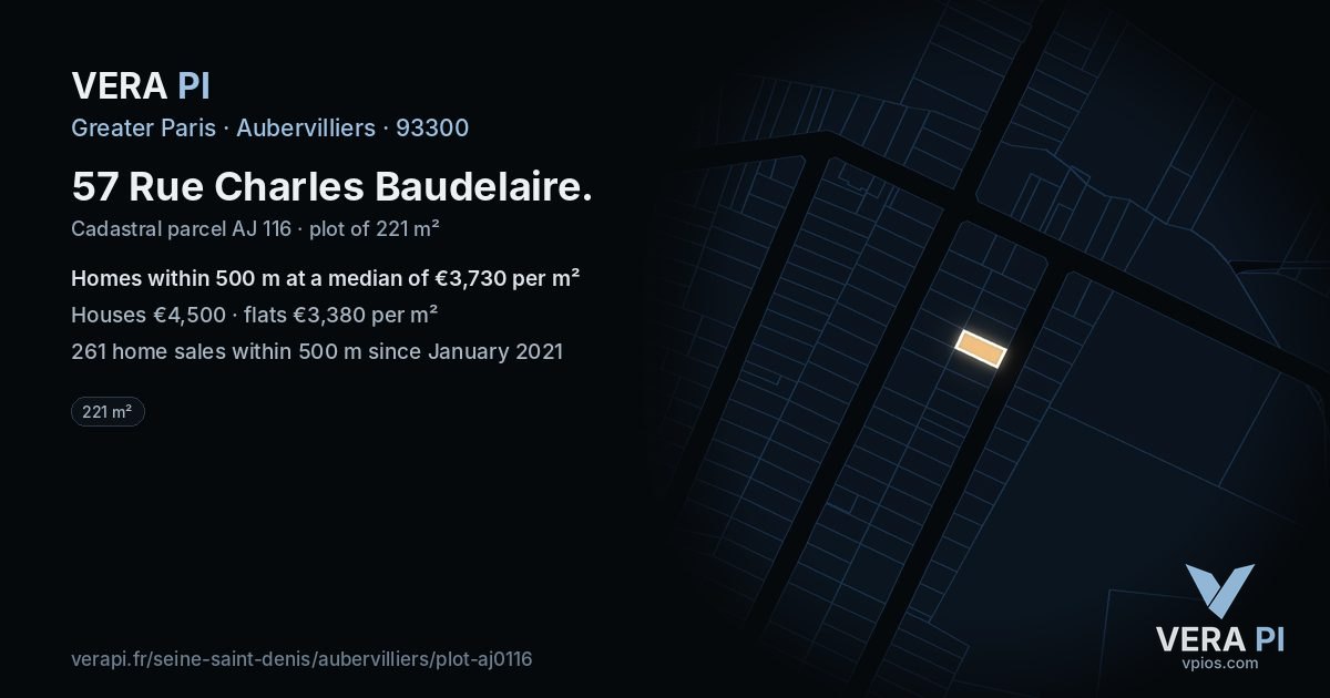 57 Rue Charles Baudelaire, Aubervilliers at night – the plot lit, the parcels around coloured by the prices near them
