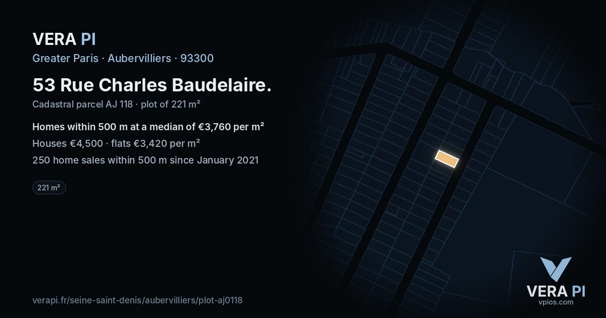 53 Rue Charles Baudelaire, Aubervilliers at night – the plot lit, the parcels around coloured by the prices near them