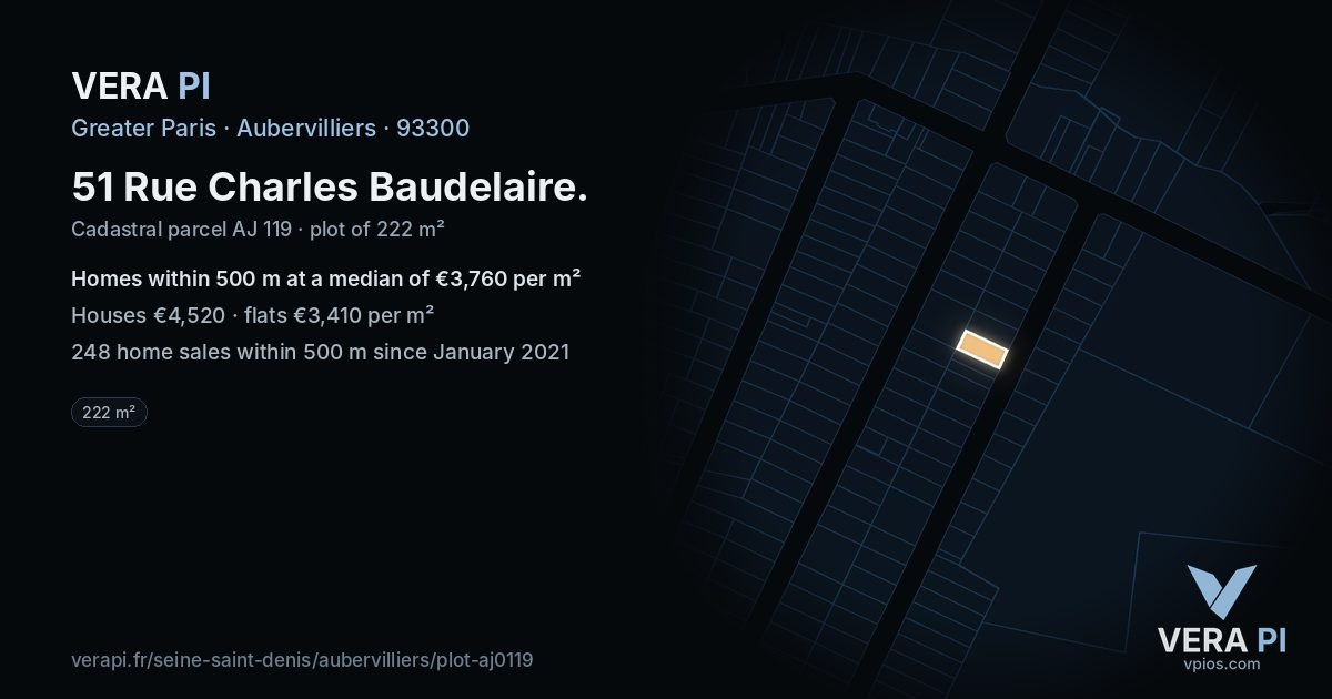 51 Rue Charles Baudelaire, Aubervilliers at night – the plot lit, the parcels around coloured by the prices near them
