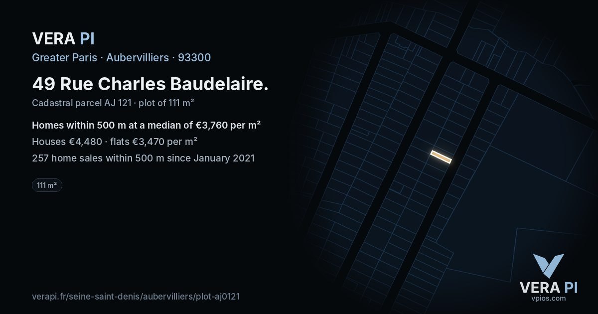 49 Rue Charles Baudelaire, Aubervilliers at night – the plot lit, the parcels around coloured by the prices near them
