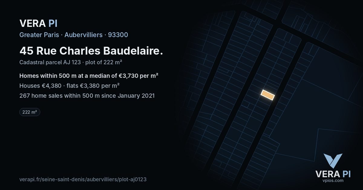 45 Rue Charles Baudelaire, Aubervilliers at night – the plot lit, the parcels around coloured by the prices near them