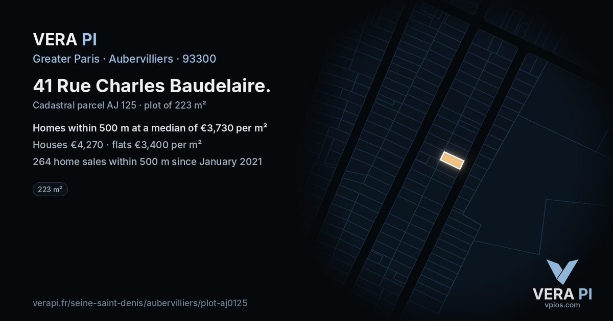 41 Rue Charles Baudelaire, Aubervilliers at night – the plot lit, the parcels around coloured by the prices near them