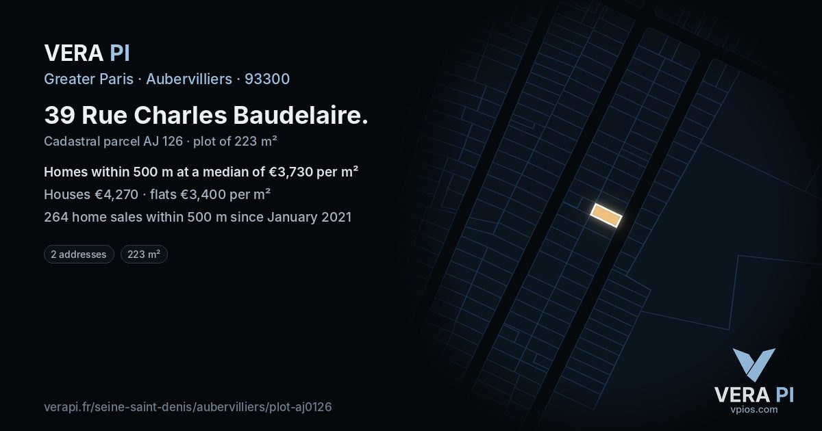 39 Rue Charles Baudelaire, Aubervilliers at night – the plot lit, the parcels around coloured by the prices near them