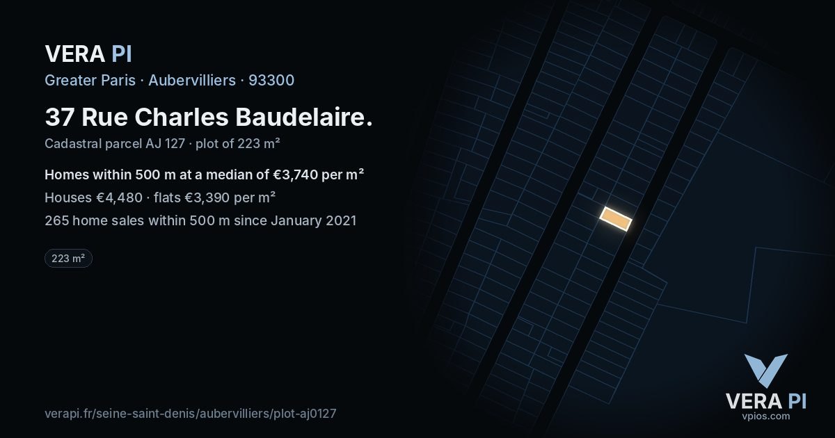 37 Rue Charles Baudelaire, Aubervilliers at night – the plot lit, the parcels around coloured by the prices near them