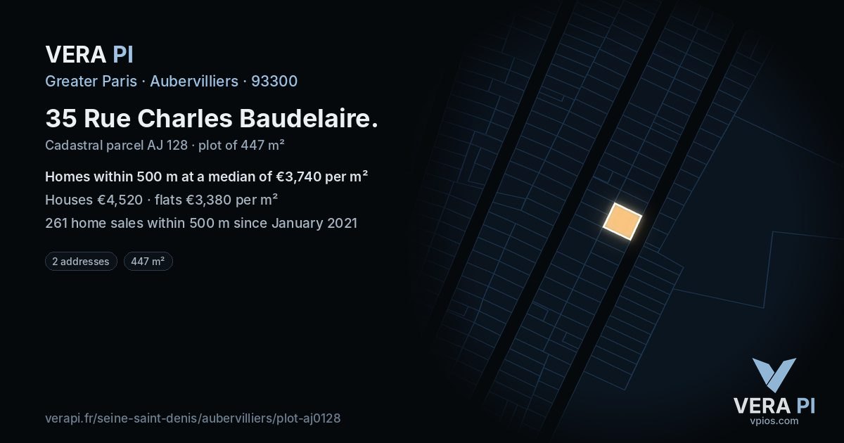 35 Rue Charles Baudelaire, Aubervilliers at night – the plot lit, the parcels around coloured by the prices near them