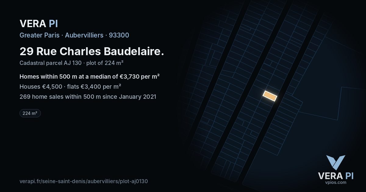 29 Rue Charles Baudelaire, Aubervilliers at night – the plot lit, the parcels around coloured by the prices near them