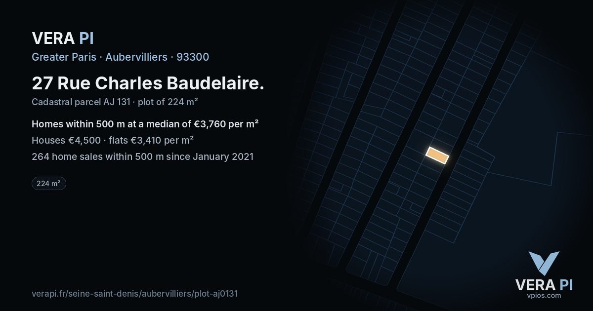 27 Rue Charles Baudelaire, Aubervilliers at night – the plot lit, the parcels around coloured by the prices near them
