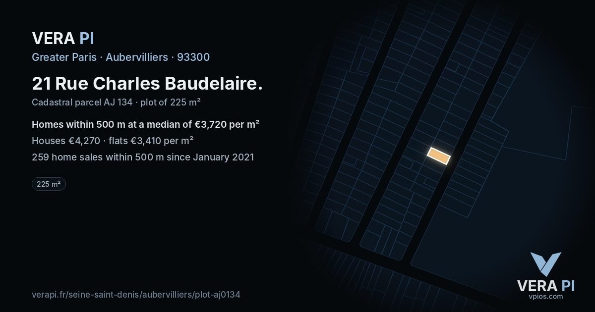 21 Rue Charles Baudelaire, Aubervilliers at night – the plot lit, the parcels around coloured by the prices near them