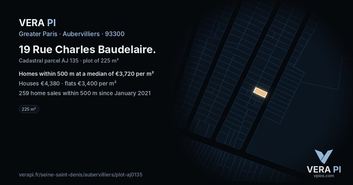 19 Rue Charles Baudelaire, Aubervilliers at night – the plot lit, the parcels around coloured by the prices near them