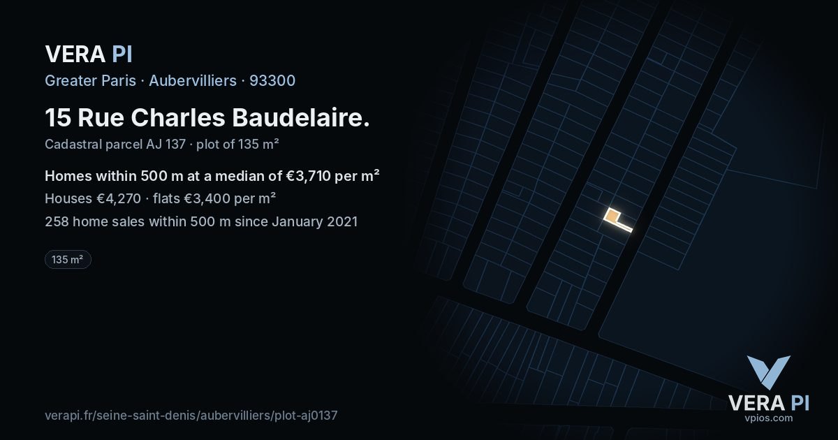 15 Rue Charles Baudelaire, Aubervilliers at night – the plot lit, the parcels around coloured by the prices near them