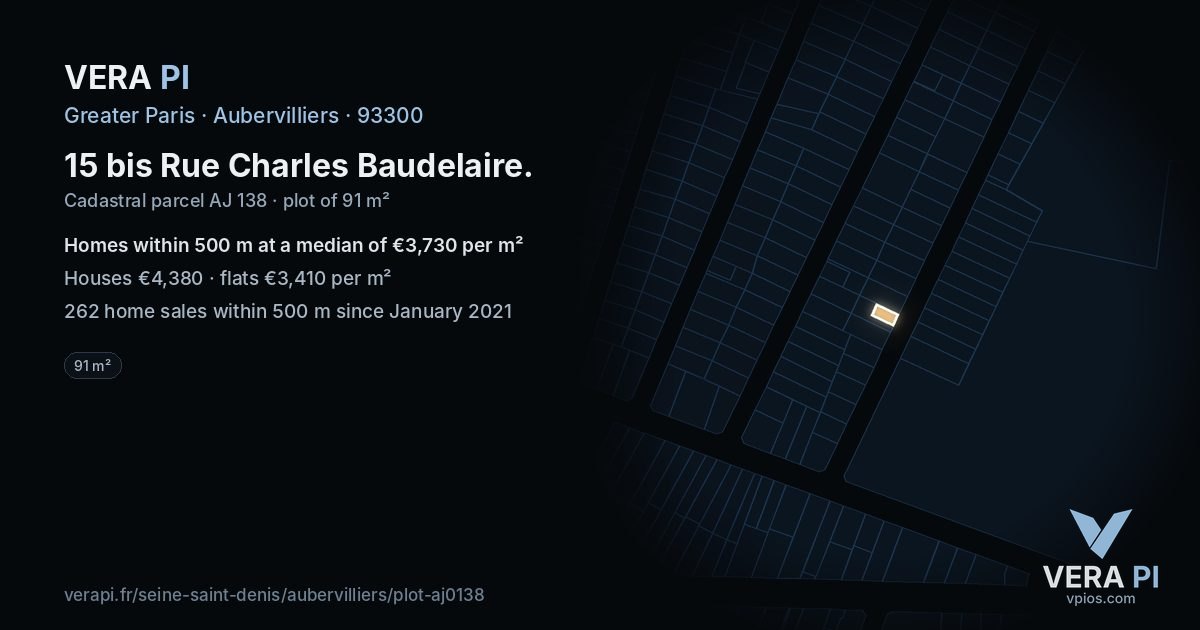 15 bis Rue Charles Baudelaire, Aubervilliers at night – the plot lit, the parcels around coloured by the prices near them