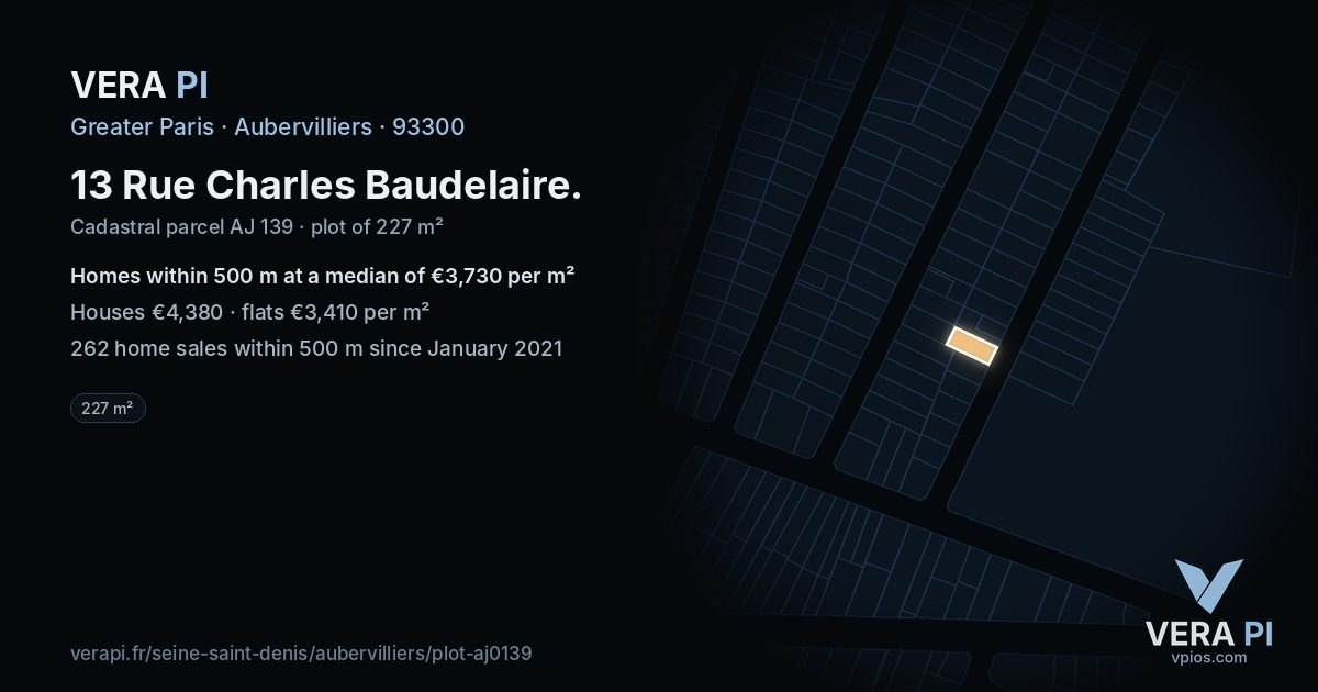 13 Rue Charles Baudelaire, Aubervilliers at night – the plot lit, the parcels around coloured by the prices near them