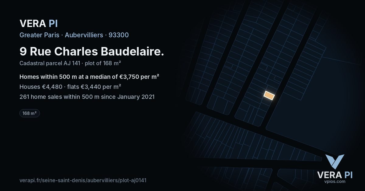 9 Rue Charles Baudelaire, Aubervilliers at night – the plot lit, the parcels around coloured by the prices near them