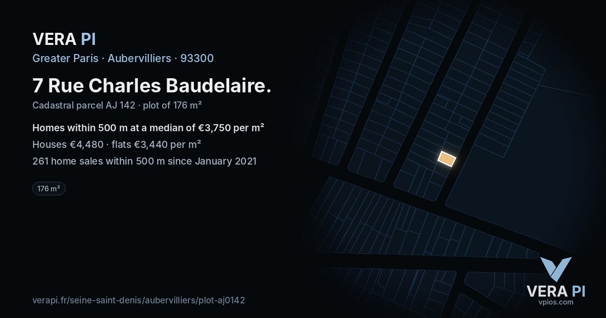 7 Rue Charles Baudelaire, Aubervilliers at night – the plot lit, the parcels around coloured by the prices near them