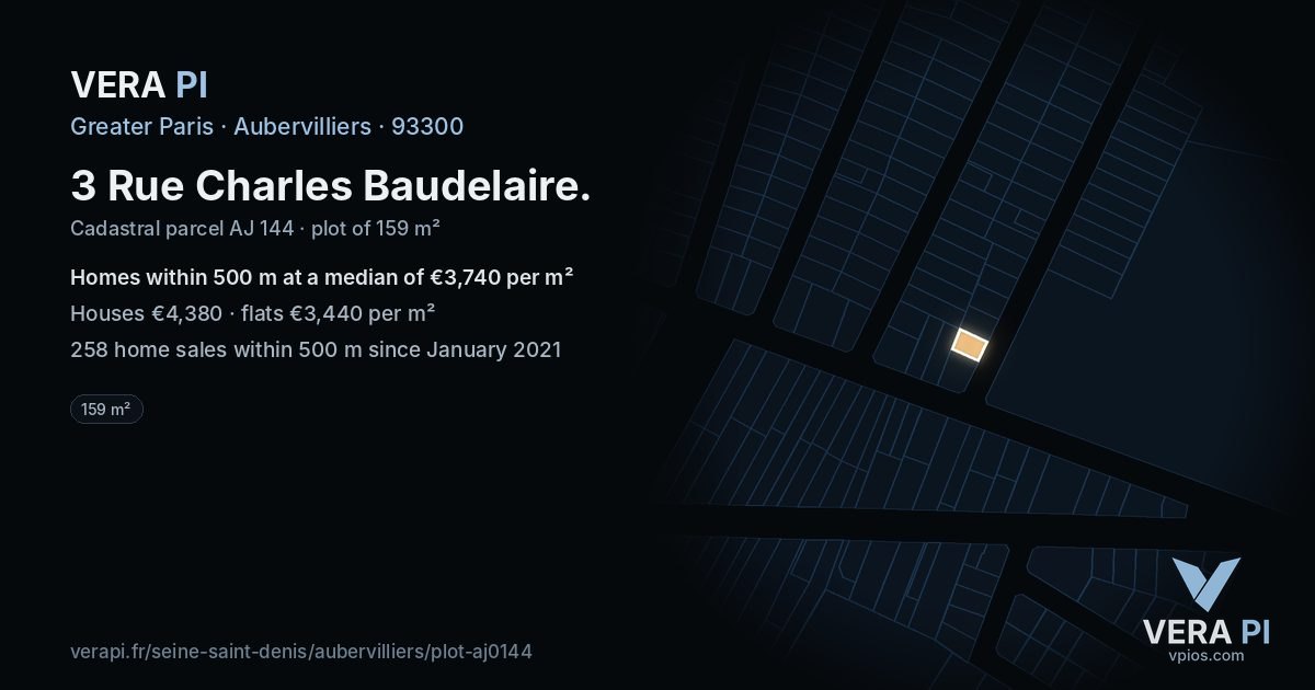 3 Rue Charles Baudelaire, Aubervilliers at night – the plot lit, the parcels around coloured by the prices near them