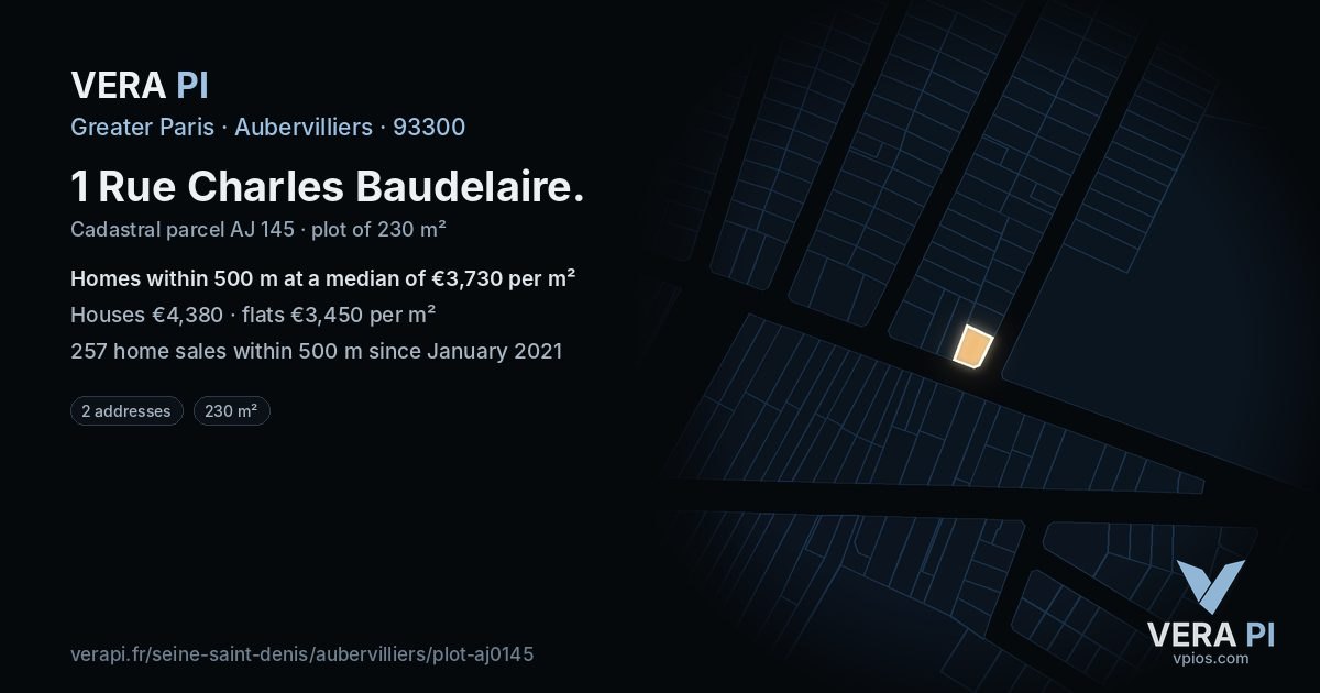 1 Rue Charles Baudelaire, Aubervilliers at night – the plot lit, the parcels around coloured by the prices near them