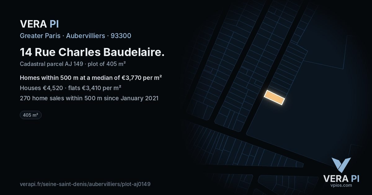 14 Rue Charles Baudelaire, Aubervilliers at night – the plot lit, the parcels around coloured by the prices near them