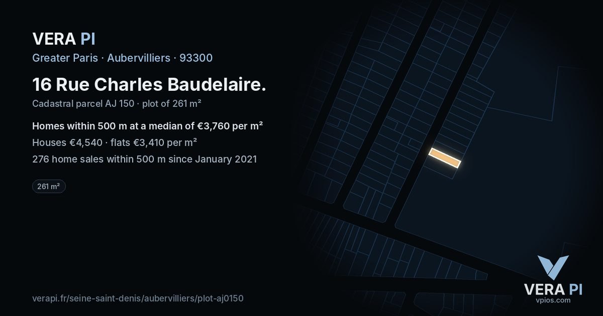 16 Rue Charles Baudelaire, Aubervilliers at night – the plot lit, the parcels around coloured by the prices near them