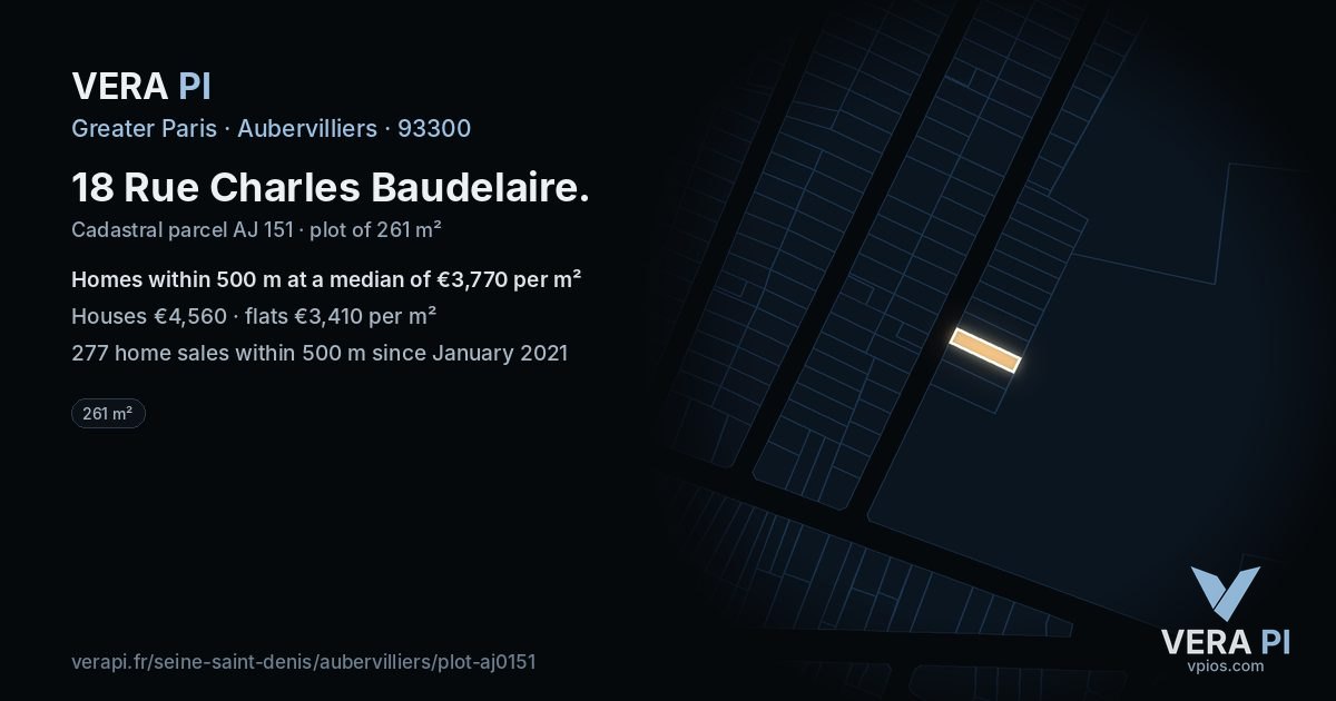 18 Rue Charles Baudelaire, Aubervilliers at night – the plot lit, the parcels around coloured by the prices near them