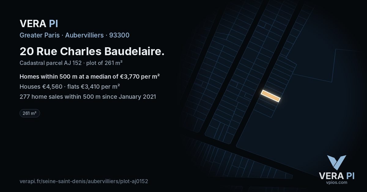 20 Rue Charles Baudelaire, Aubervilliers at night – the plot lit, the parcels around coloured by the prices near them