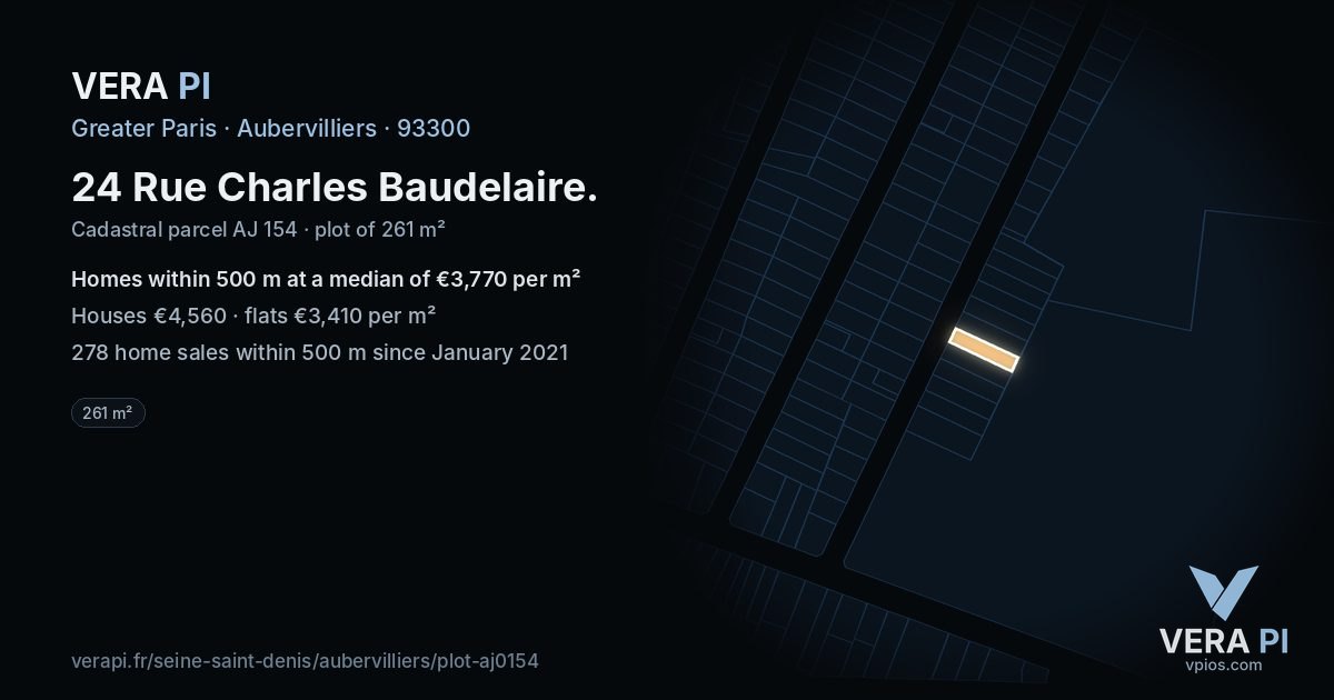 24 Rue Charles Baudelaire, Aubervilliers at night – the plot lit, the parcels around coloured by the prices near them