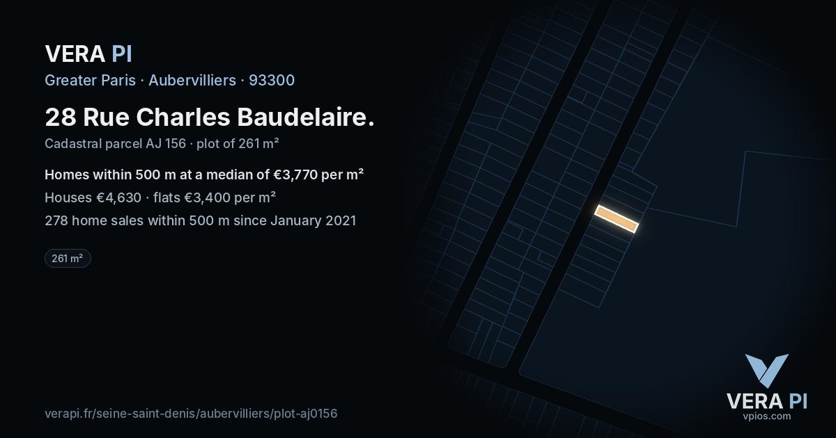 28 Rue Charles Baudelaire, Aubervilliers at night – the plot lit, the parcels around coloured by the prices near them