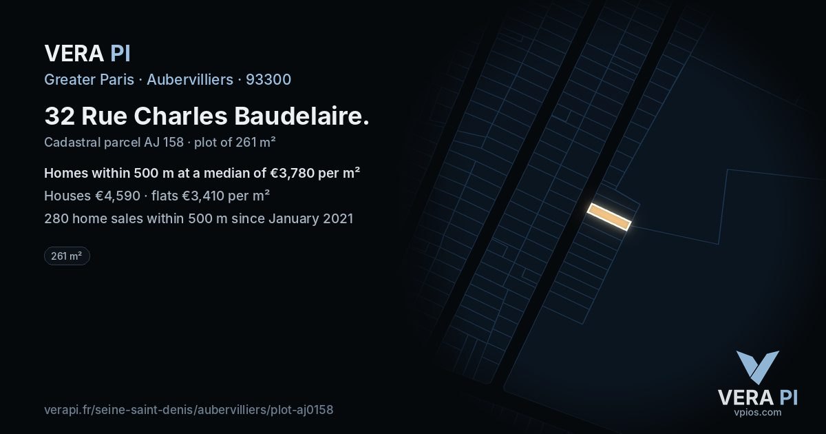 32 Rue Charles Baudelaire, Aubervilliers at night – the plot lit, the parcels around coloured by the prices near them