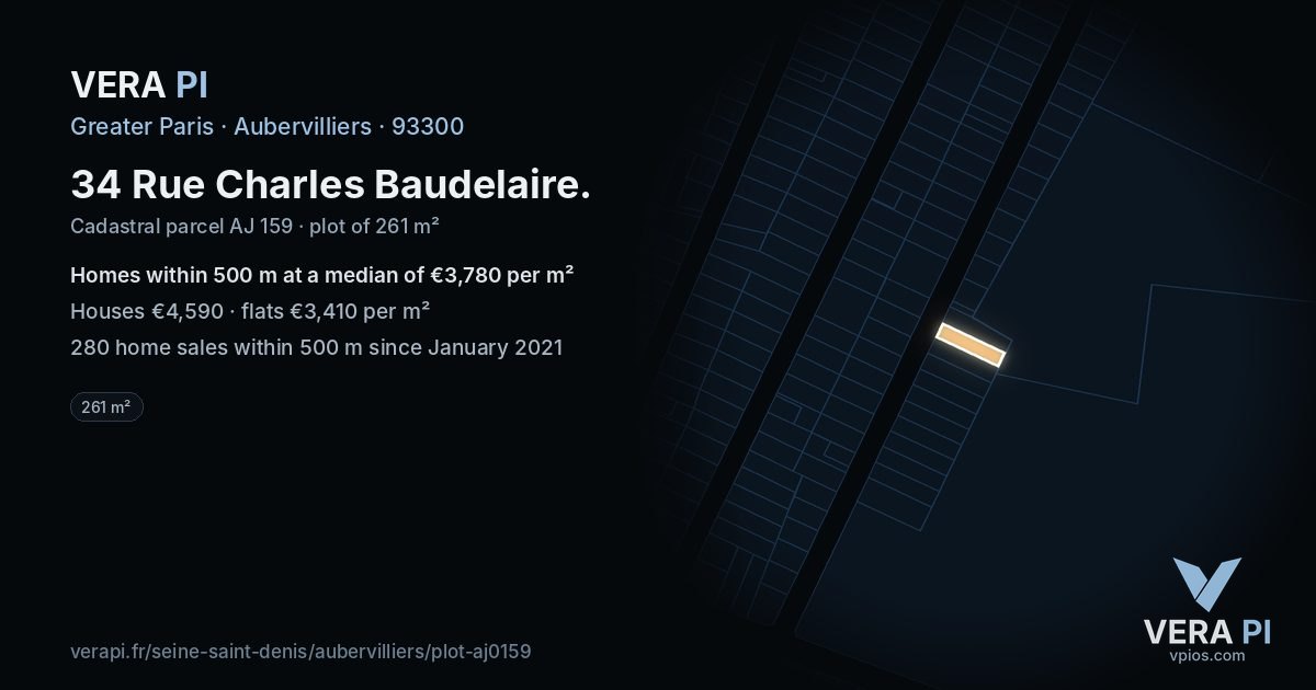 34 Rue Charles Baudelaire, Aubervilliers at night – the plot lit, the parcels around coloured by the prices near them