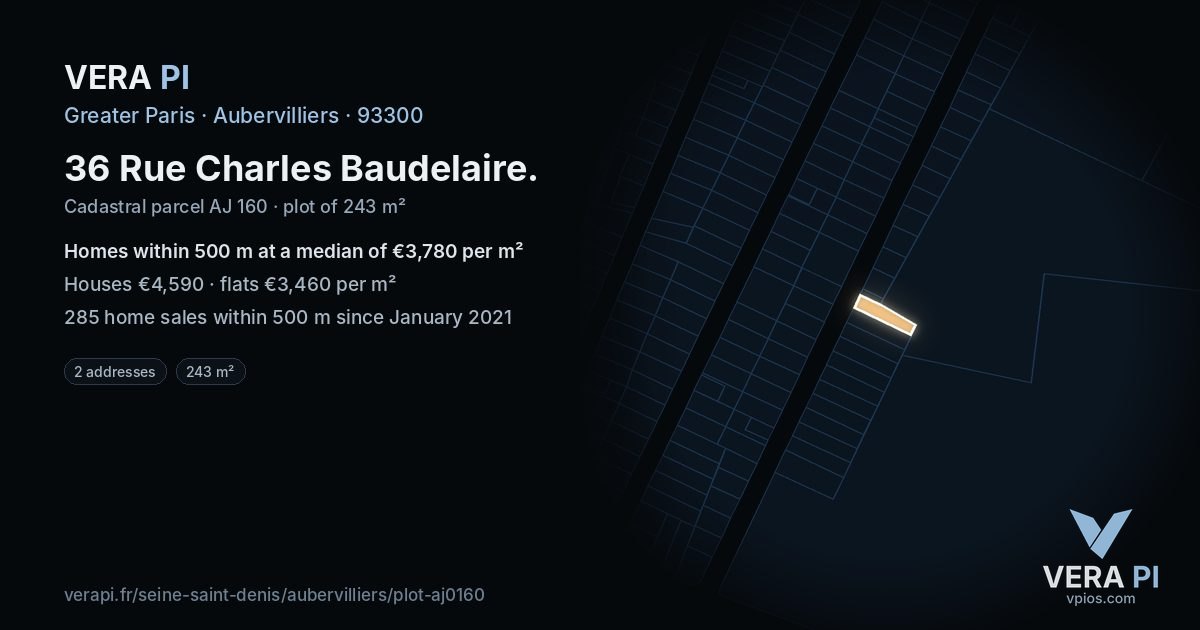 36 Rue Charles Baudelaire, Aubervilliers at night – the plot lit, the parcels around coloured by the prices near them
