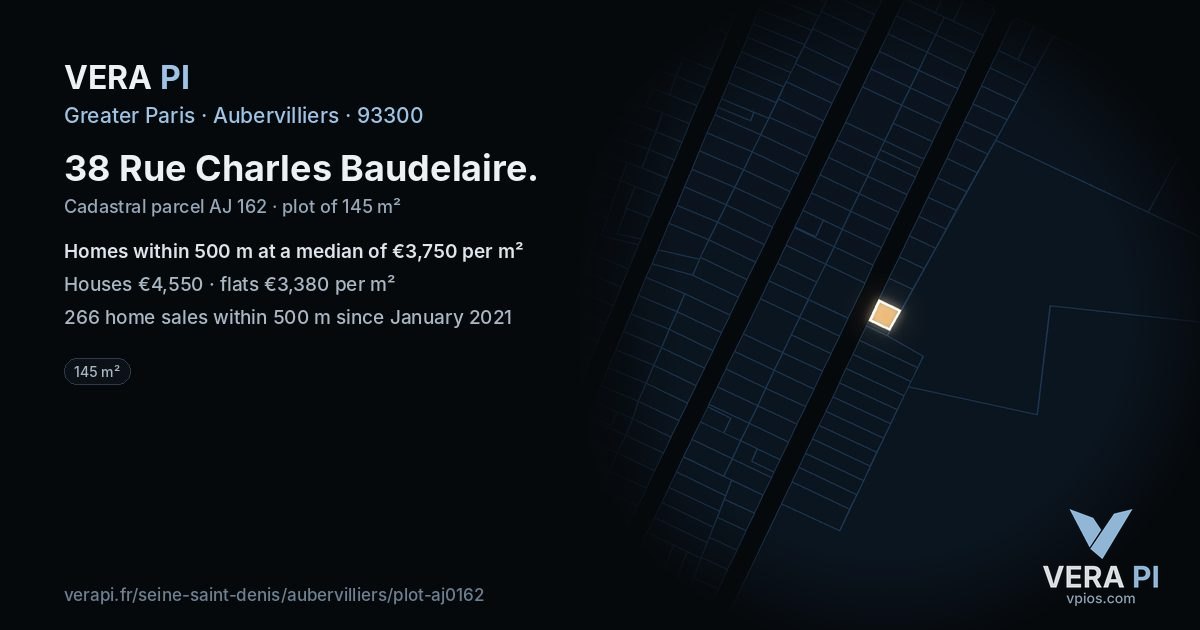 38 Rue Charles Baudelaire, Aubervilliers at night – the plot lit, the parcels around coloured by the prices near them