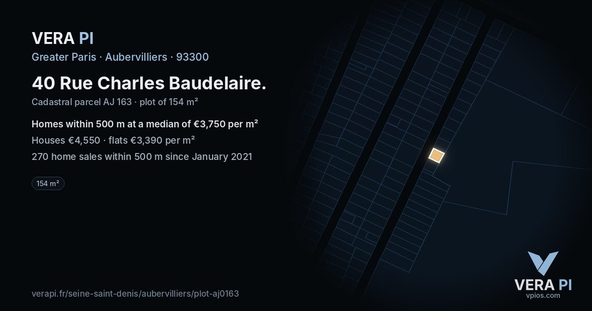 40 Rue Charles Baudelaire, Aubervilliers at night – the plot lit, the parcels around coloured by the prices near them