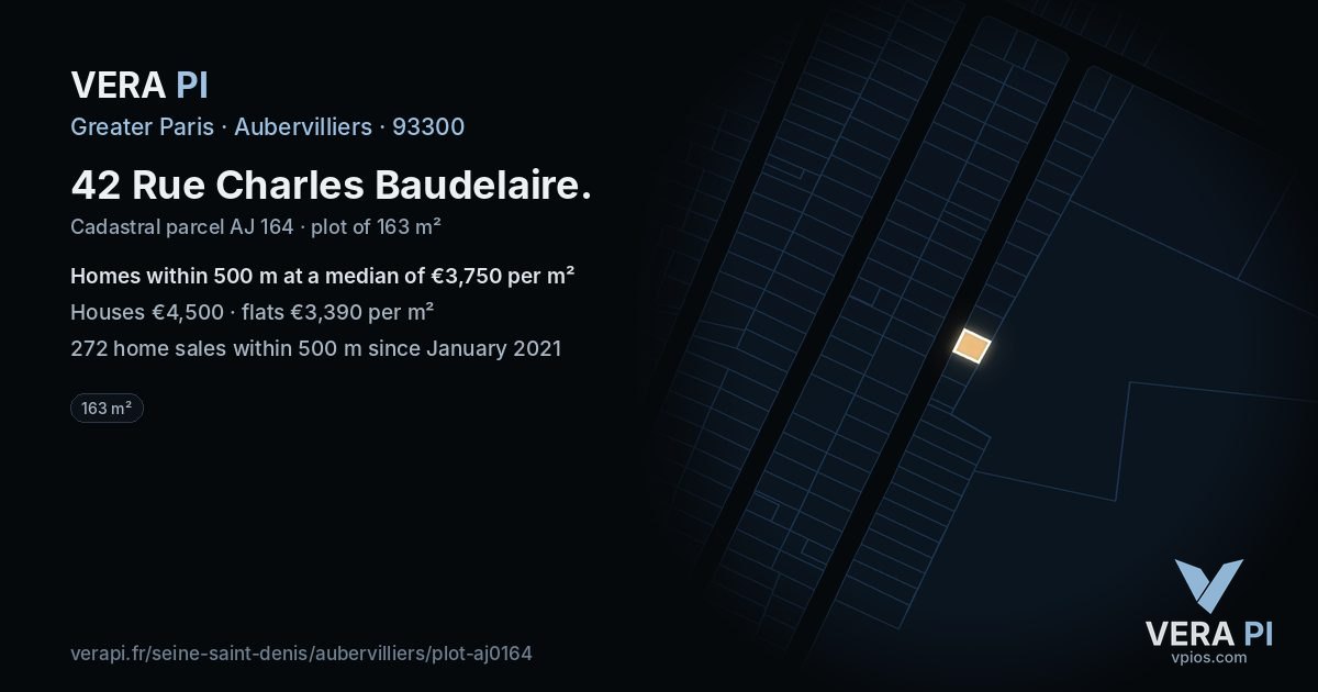 42 Rue Charles Baudelaire, Aubervilliers at night – the plot lit, the parcels around coloured by the prices near them