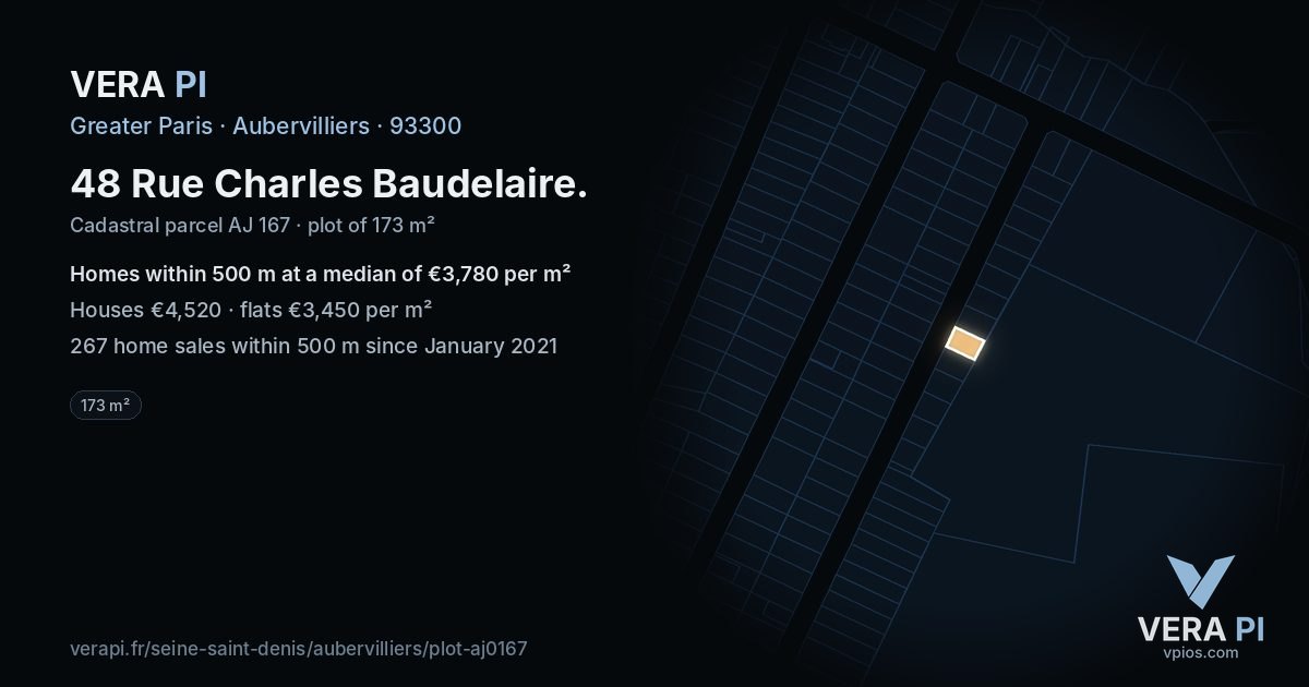 48 Rue Charles Baudelaire, Aubervilliers at night – the plot lit, the parcels around coloured by the prices near them