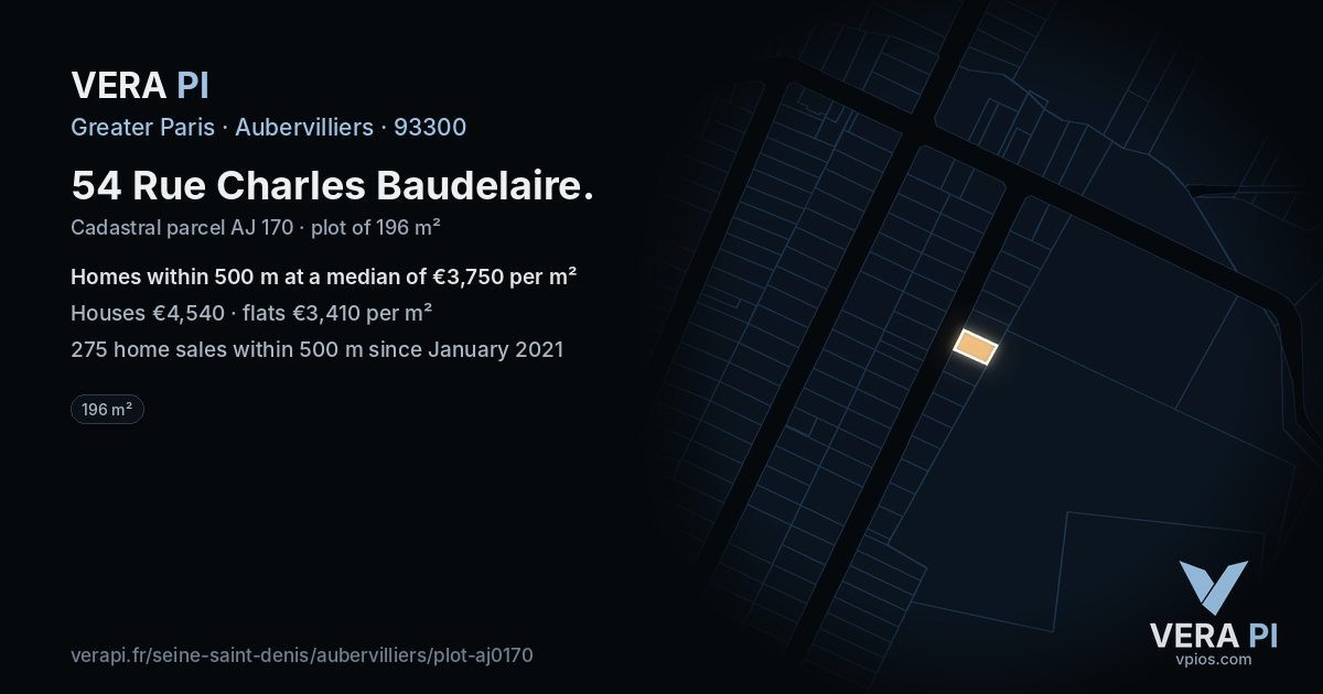 54 Rue Charles Baudelaire, Aubervilliers at night – the plot lit, the parcels around coloured by the prices near them