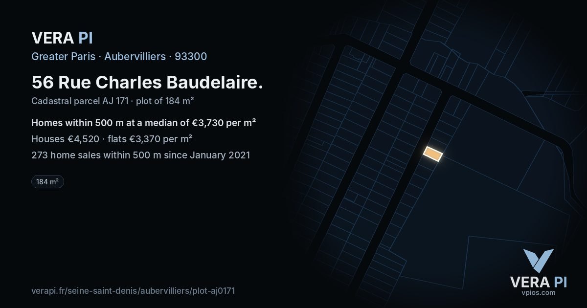 56 Rue Charles Baudelaire, Aubervilliers at night – the plot lit, the parcels around coloured by the prices near them