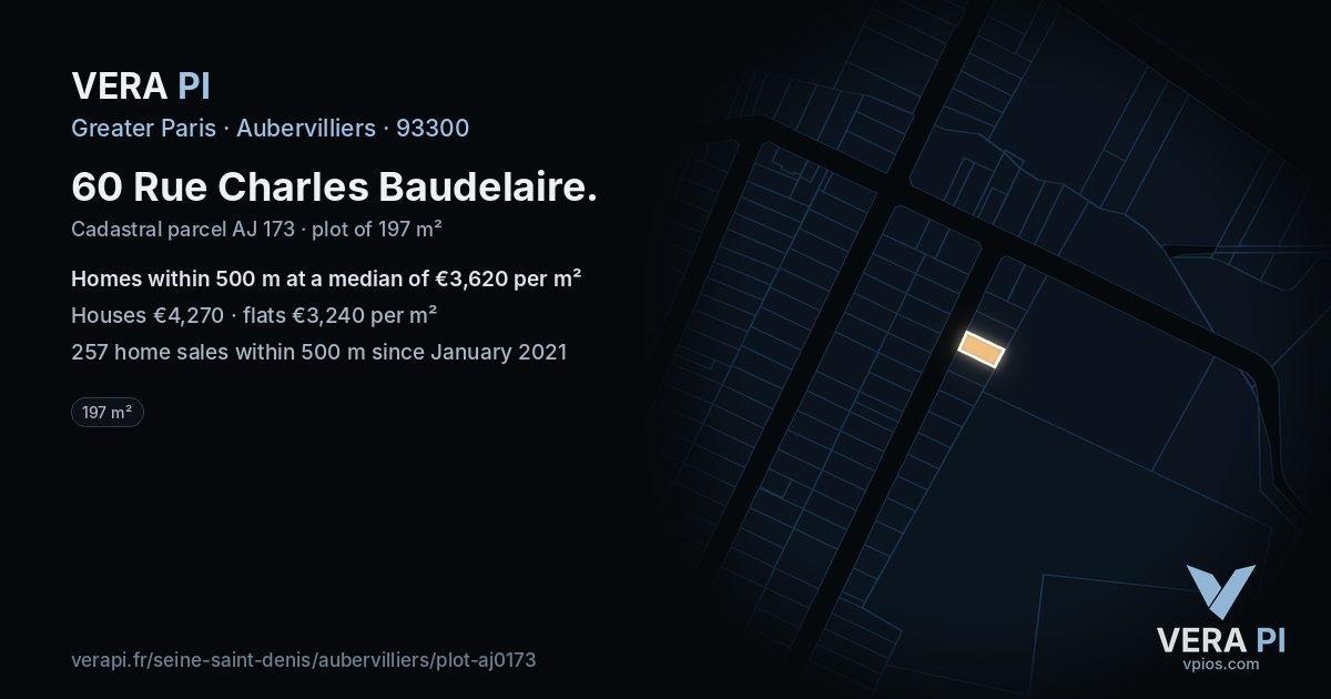 60 Rue Charles Baudelaire, Aubervilliers at night – the plot lit, the parcels around coloured by the prices near them