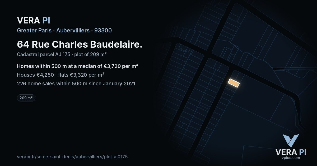 64 Rue Charles Baudelaire, Aubervilliers at night – the plot lit, the parcels around coloured by the prices near them