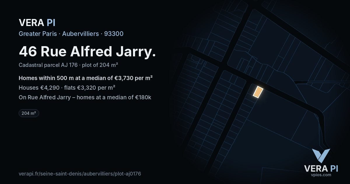 46 Rue Alfred Jarry, Aubervilliers at night – the plot lit, the parcels around coloured by the prices near them