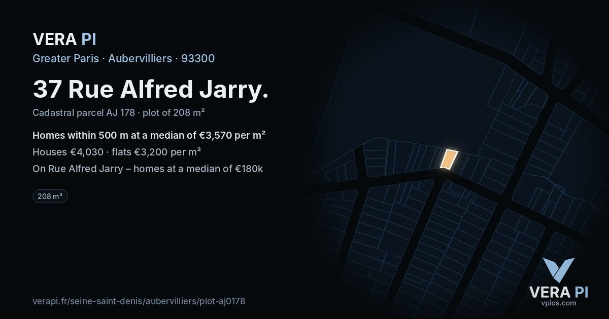 37 Rue Alfred Jarry, Aubervilliers at night – the plot lit, the parcels around coloured by the prices near them