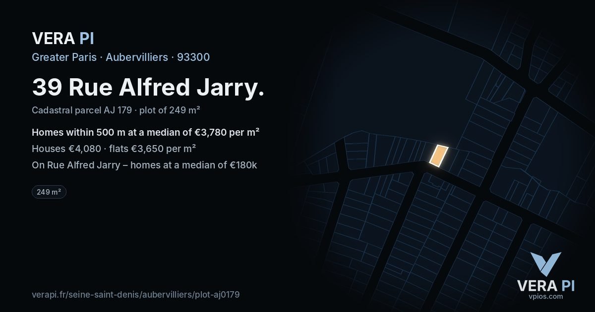 39 Rue Alfred Jarry, Aubervilliers at night – the plot lit, the parcels around coloured by the prices near them