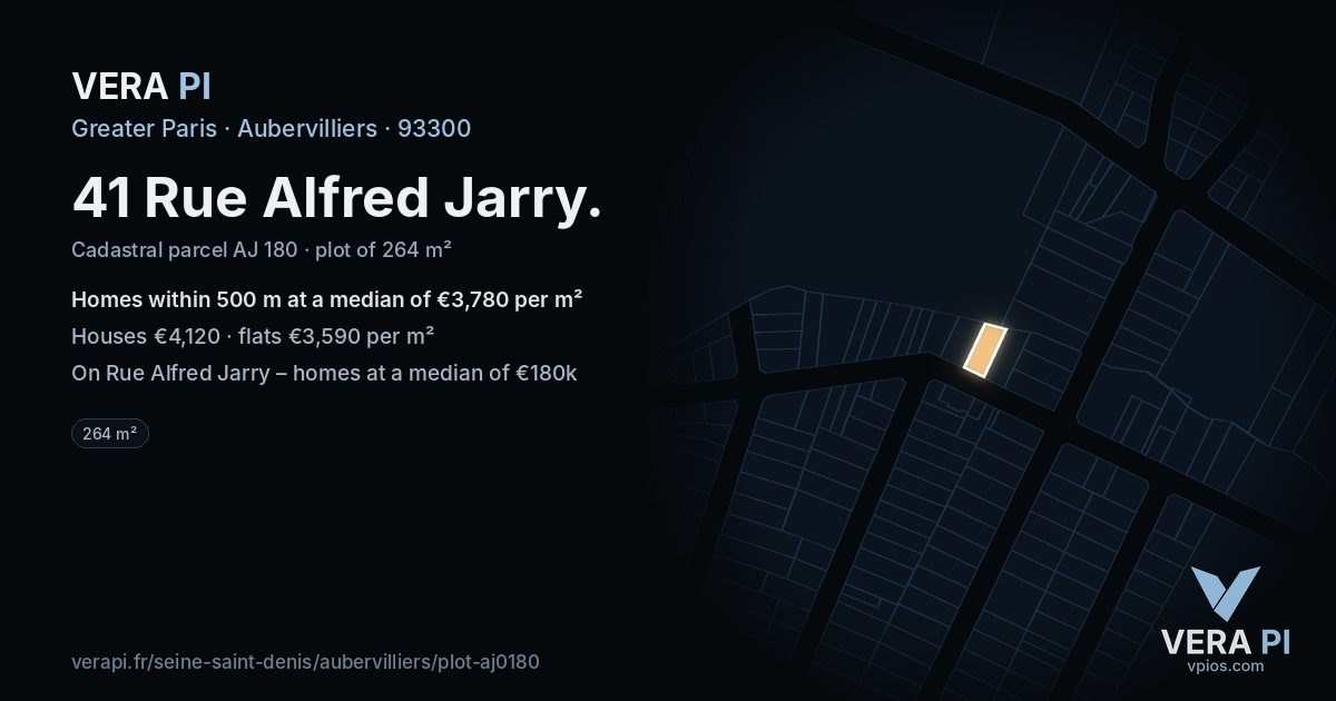 41 Rue Alfred Jarry, Aubervilliers at night – the plot lit, the parcels around coloured by the prices near them