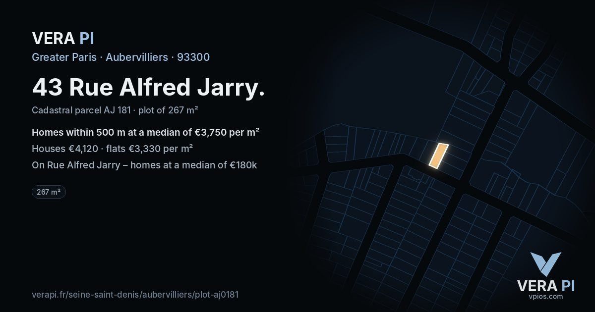43 Rue Alfred Jarry, Aubervilliers at night – the plot lit, the parcels around coloured by the prices near them