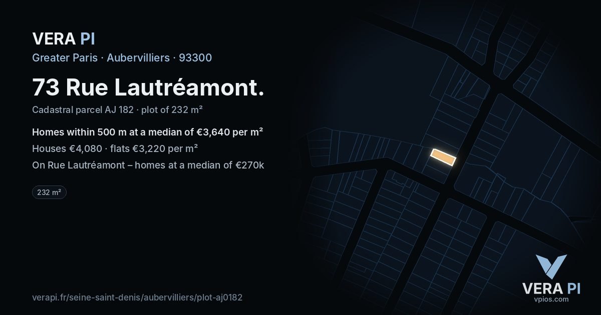 73 Rue Lautréamont, Aubervilliers at night – the plot lit, the parcels around coloured by the prices near them