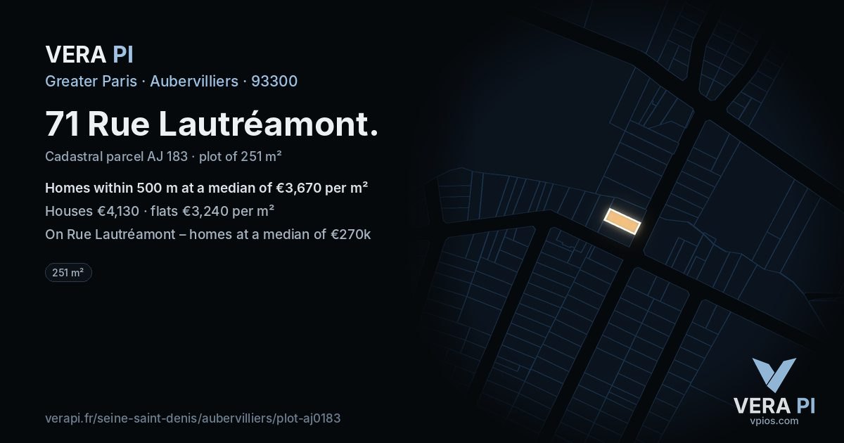 71 Rue Lautréamont, Aubervilliers at night – the plot lit, the parcels around coloured by the prices near them