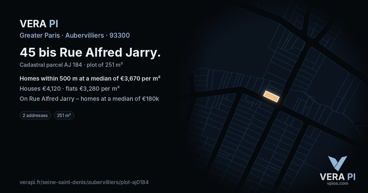 45 bis Rue Alfred Jarry, Aubervilliers at night – the plot lit, the parcels around coloured by the prices near them