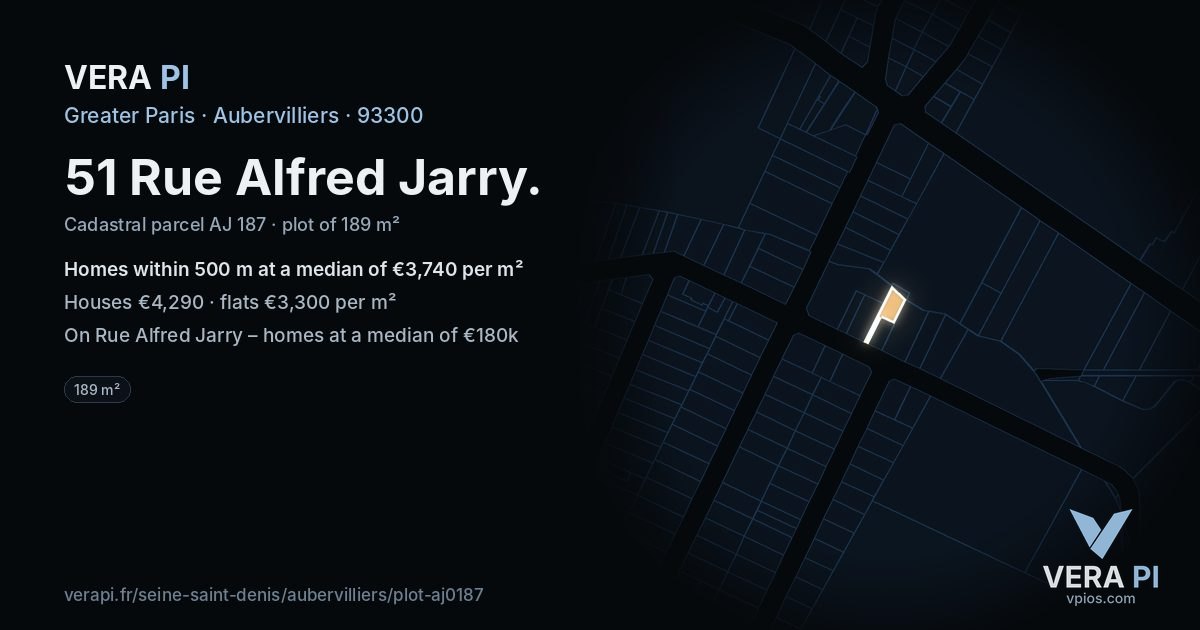 51 Rue Alfred Jarry, Aubervilliers at night – the plot lit, the parcels around coloured by the prices near them