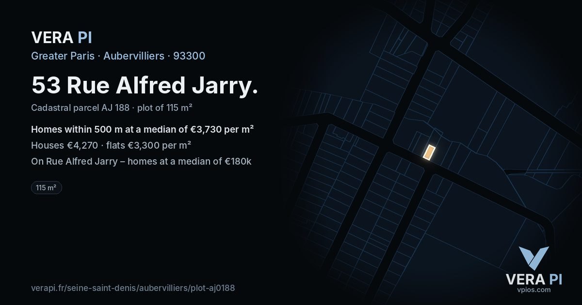 53 Rue Alfred Jarry, Aubervilliers at night – the plot lit, the parcels around coloured by the prices near them