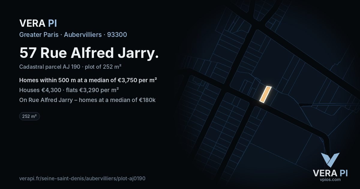 57 Rue Alfred Jarry, Aubervilliers at night – the plot lit, the parcels around coloured by the prices near them