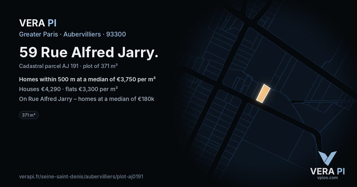 59 Rue Alfred Jarry, Aubervilliers at night – the plot lit, the parcels around coloured by the prices near them