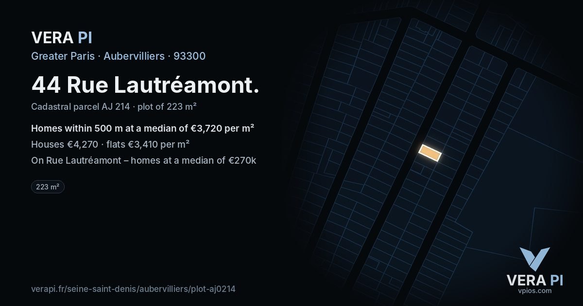 44 Rue Lautréamont, Aubervilliers at night – the plot lit, the parcels around coloured by the prices near them